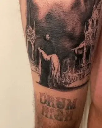 Tattoo: Eerie scene featuring the Grim Reaper holding a woman in front of a haunted house