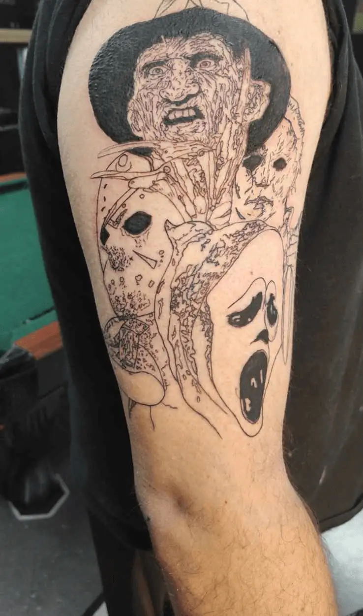 Tattoo featuring Freddy Krueger, Jason, and the Scream mask