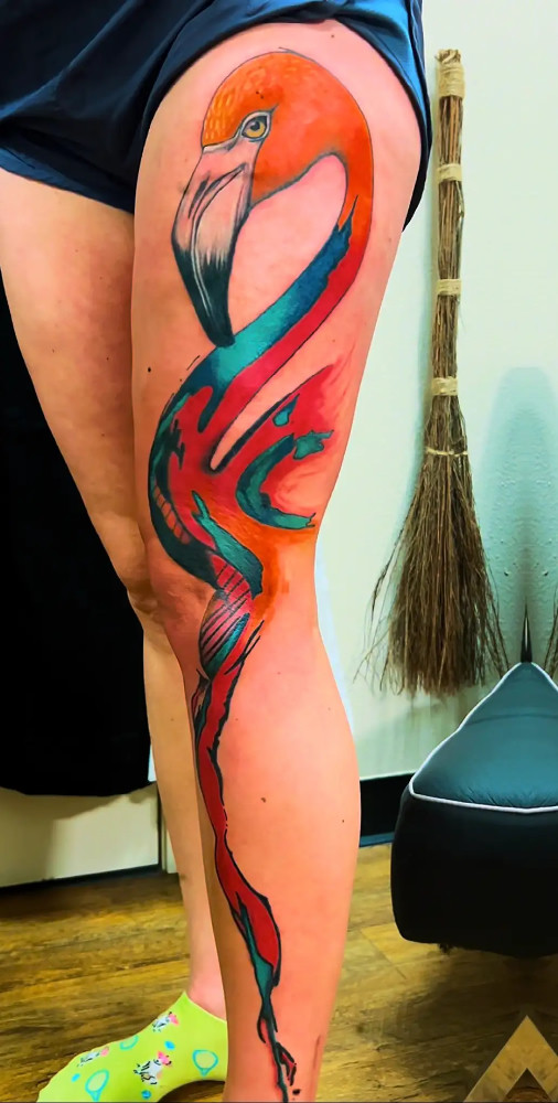 Large color flamingo tattoo by BL-INK Tattoo